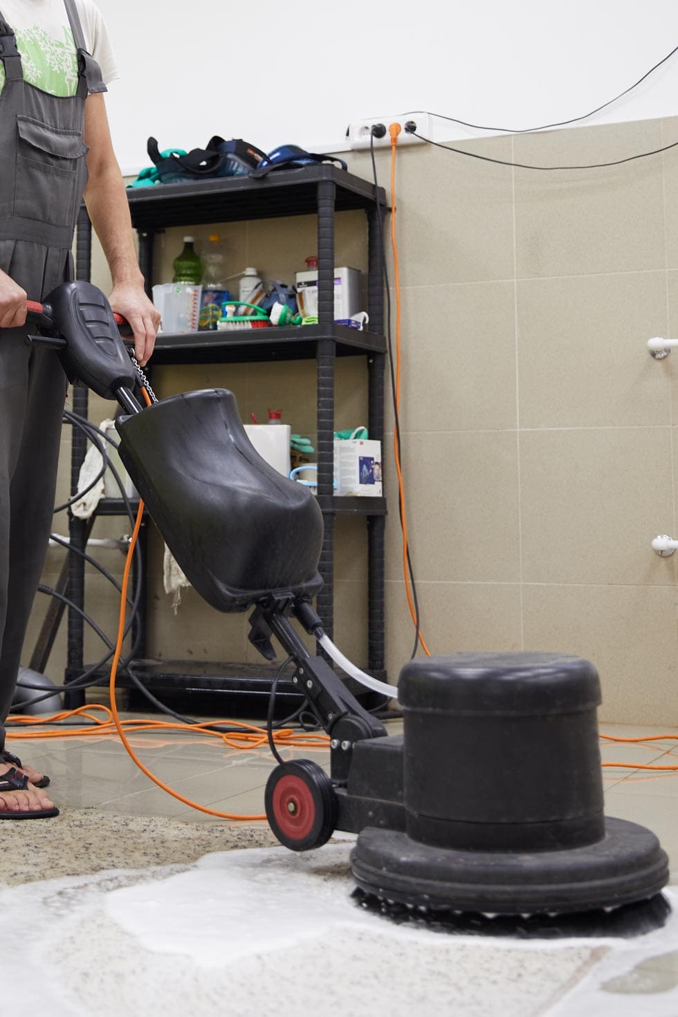 Carpet chemical cleaning with professionally disk machine. Early spring cleaning or regular clean up